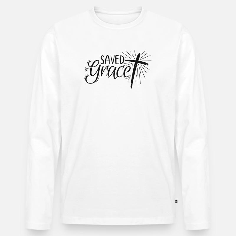 Saved by Grace Lettering - Männer Premium Bio Langarmshirt - Weiß