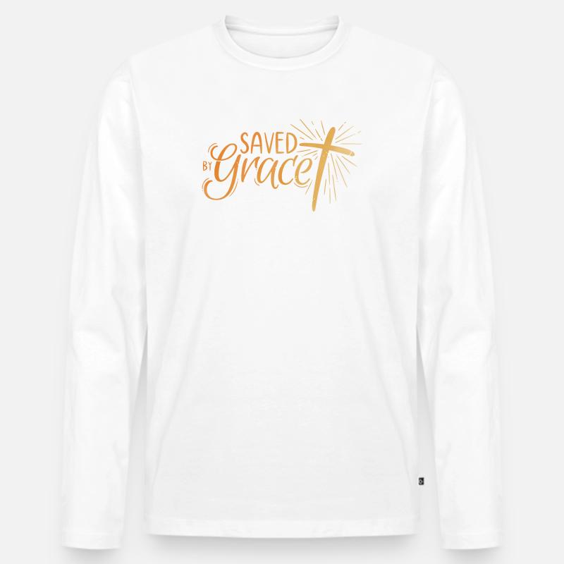 Saved by Grace Lettering - Männer Premium Bio Langarmshirt - Weiß