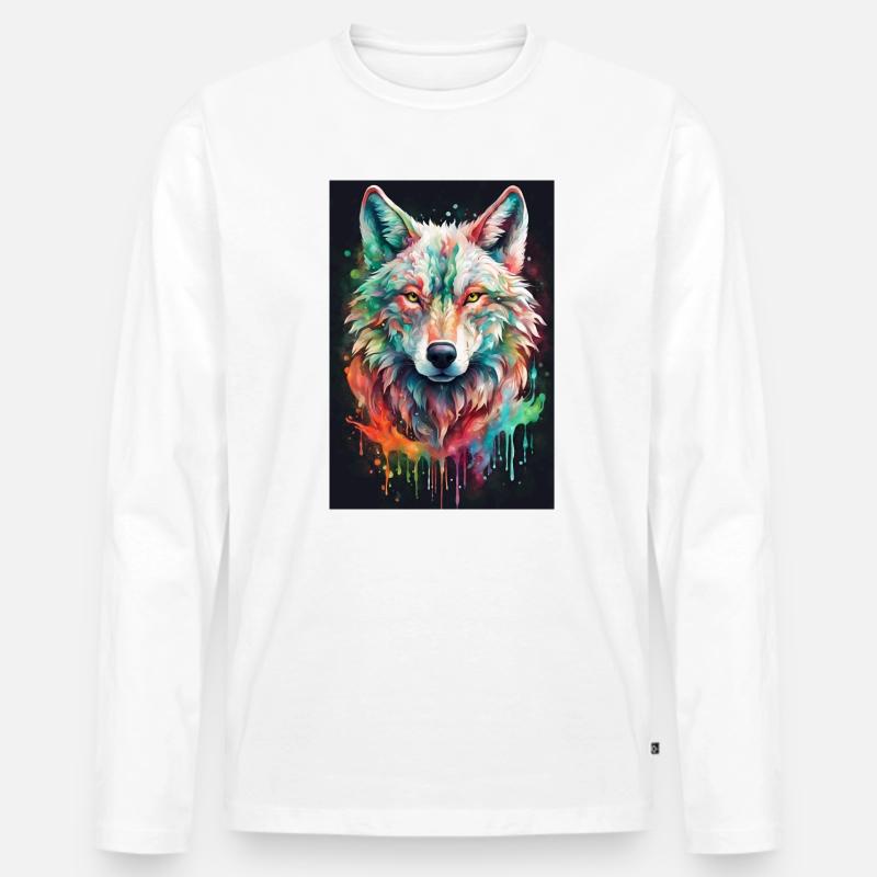 Bunter Wolfkopf Farbexplosion - Männer Premium Bio Langarmshirt - Weiß