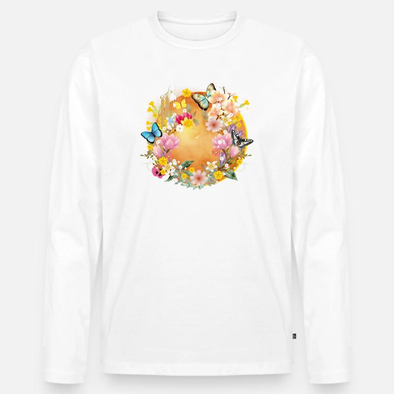 frühlingshafte bunte Blüten & Schmetterlinge - Männer Premium Bio Langarmshirt - Weiß