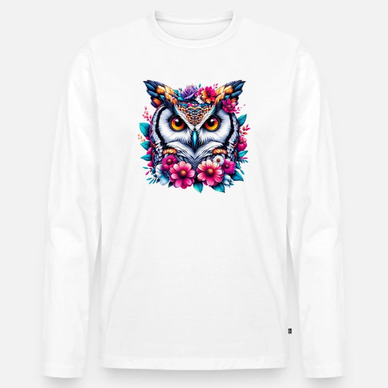 Eule mit Blumen geschmückt - Männer Premium Bio Langarmshirt - Weiß