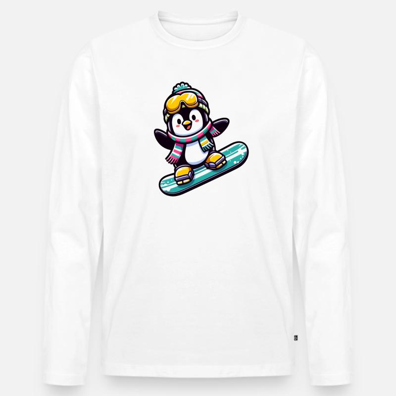 Snowboard Star: Der gleitende Pinguin - Männer Premium Bio Langarmshirt - Weiß