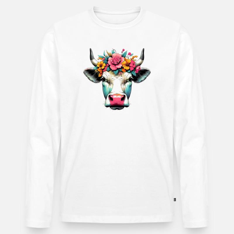 Kuh mit Blumen - Männer Premium Bio Langarmshirt - Weiß