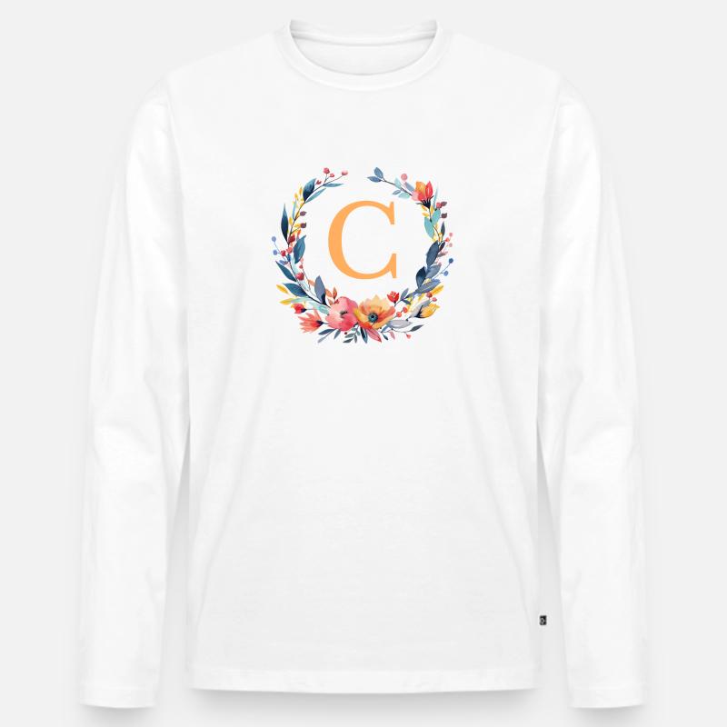C Monogramm, Blumen-Kranz, personalisierbar - Männer Premium Bio Langarmshirt - Weiß