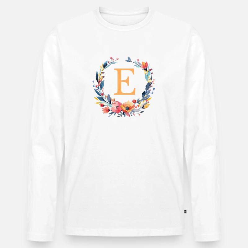 E Monogramm, Blumen-Kranz, personalisierbar - Männer Premium Bio Langarmshirt - Weiß