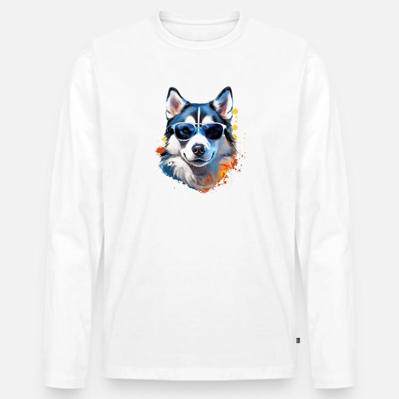 Husky mit Sonnenbrille - Männer Premium Bio Langarmshirt - Weiß