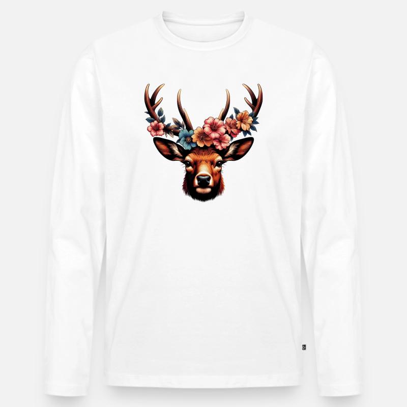 Hirsch mit Blumen - Männer Premium Bio Langarmshirt - Weiß