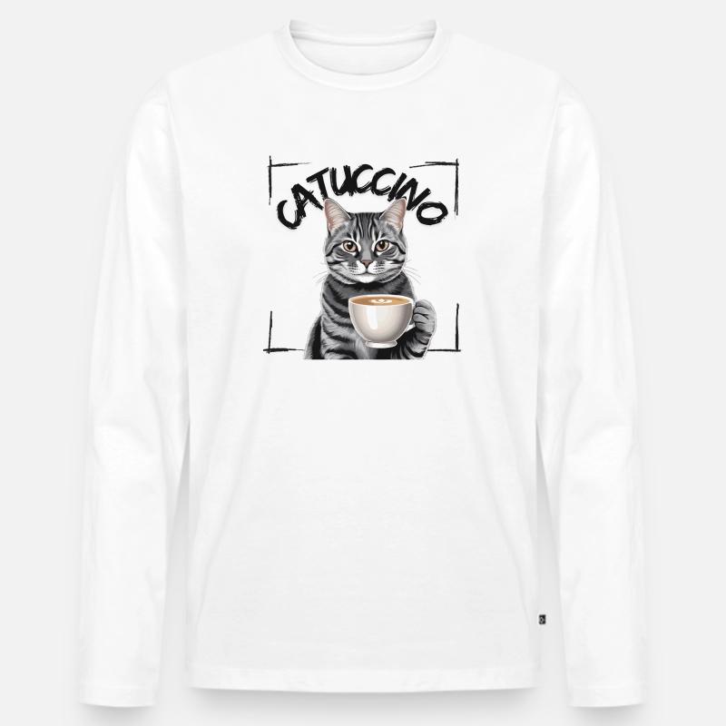 Catuccino Katze mit Tasse Kaffee - Männer Premium Bio Langarmshirt - Weiß