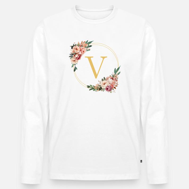 V Monogramm, Blumen-Kranz, personalisierbar - Männer Premium Bio Langarmshirt - Weiß