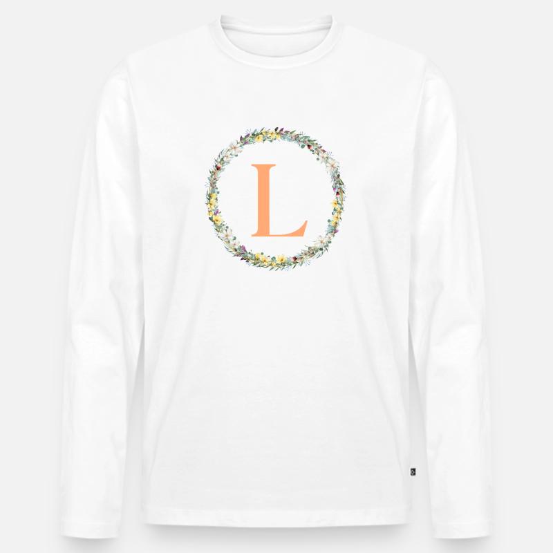 L Monogramm, Blumen-Kranz, personalisierbar - Männer Premium Bio Langarmshirt - Weiß