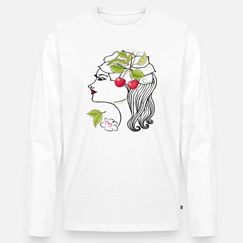 Frauenkopf mit Kirschen - Männer Premium Bio Langarmshirt - Weiß