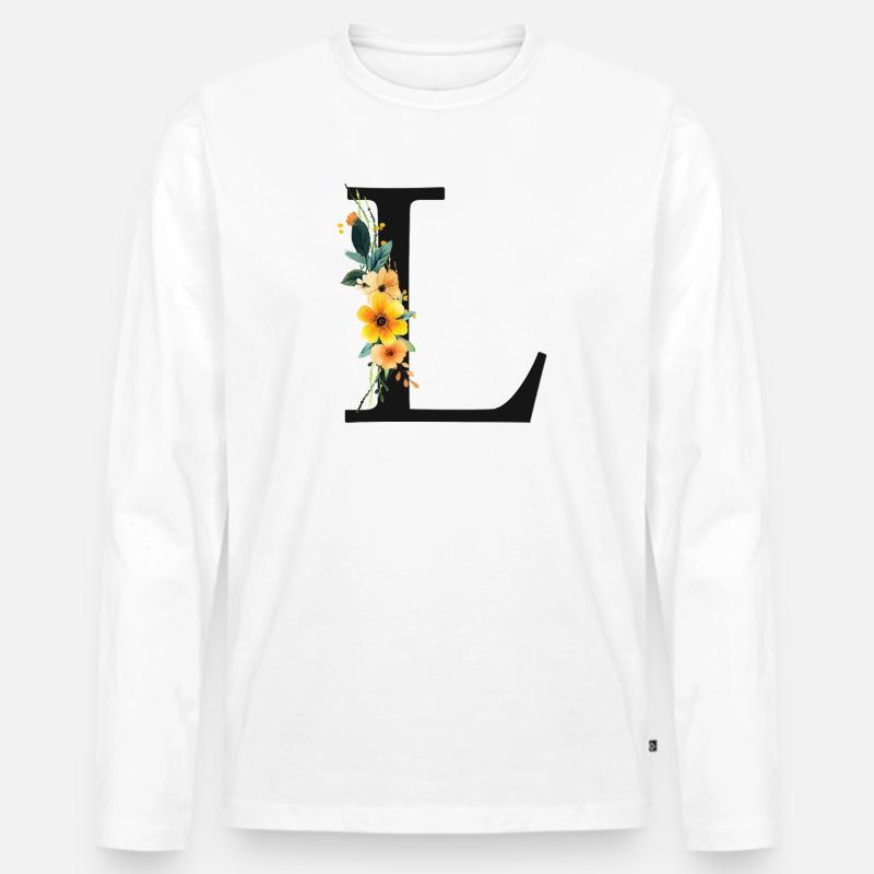 L Monogramm, Floral, personalisierbar - Männer Premium Bio Langarmshirt - Weiß