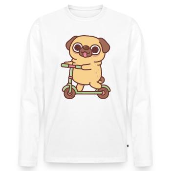 Carlin mignon jouant sur une trottinette - T-shirt manches longues Premium bio Homme - blanc - Devant - Nico (187cm)