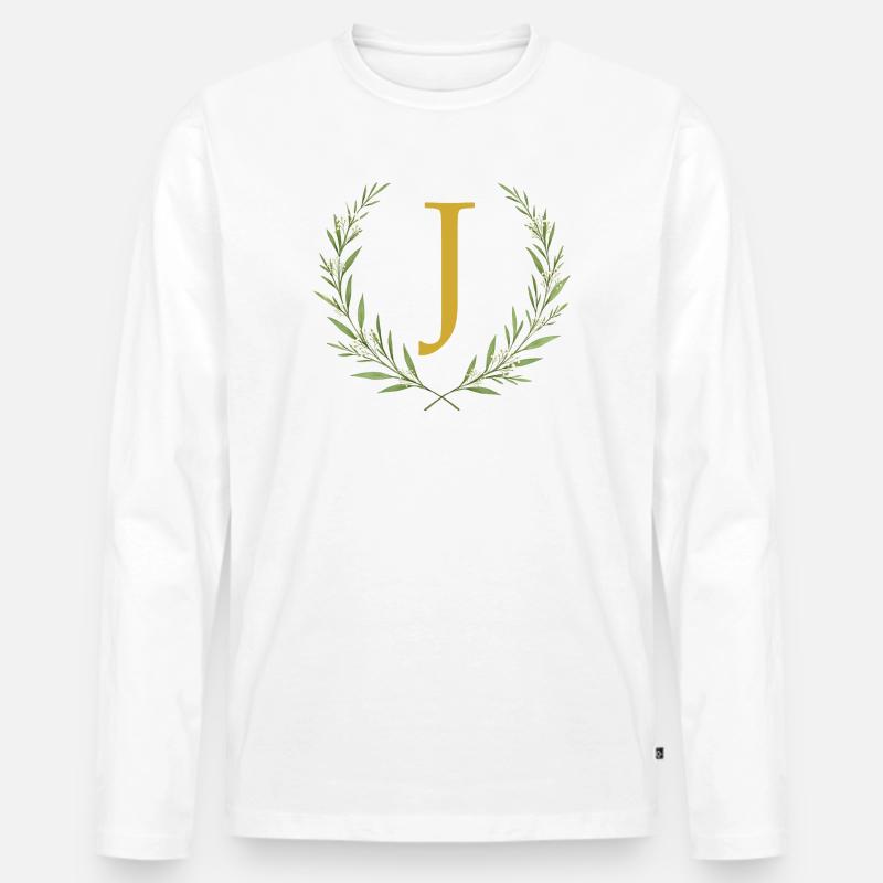 J Monogramm, Eukalyptus Kranz, personalisierbar - Männer Premium Bio Langarmshirt - Weiß