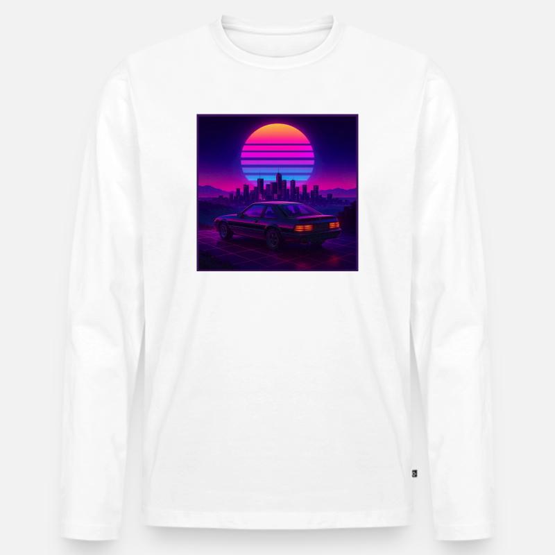 Neon Outrun Sunset Auto – Retro Synthwave - Männer Premium Bio Langarmshirt - Weiß