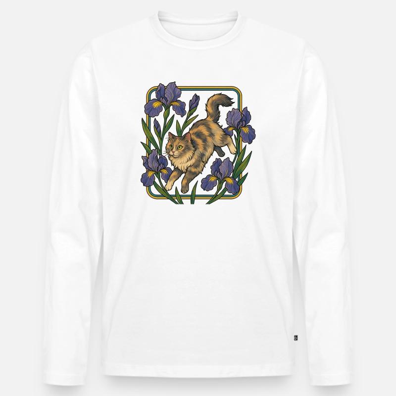Elegante Katze unter Irisblumen - Männer Premium Bio Langarmshirt - Weiß