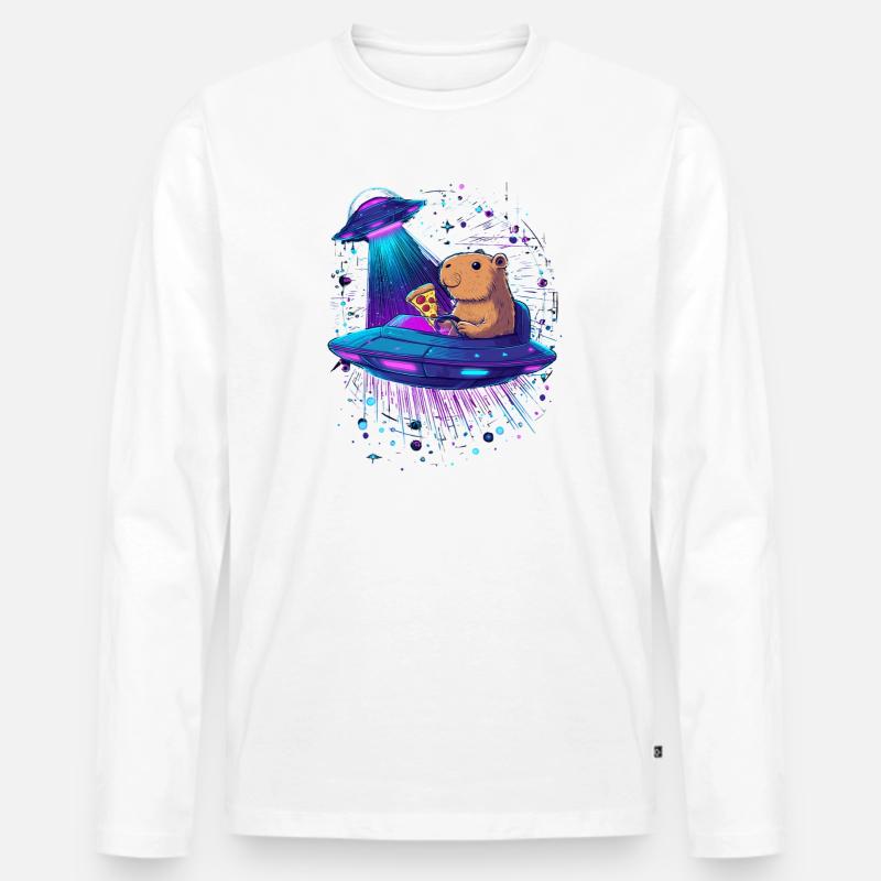 Capybara mit Pizza im UFO - Männer Premium Bio Langarmshirt - Weiß