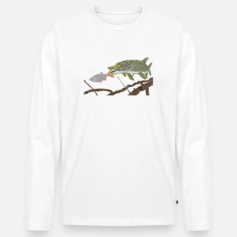 Ein Hecht jagt eine Rotfeder  - Männer Premium Bio Langarmshirt - Weiß
