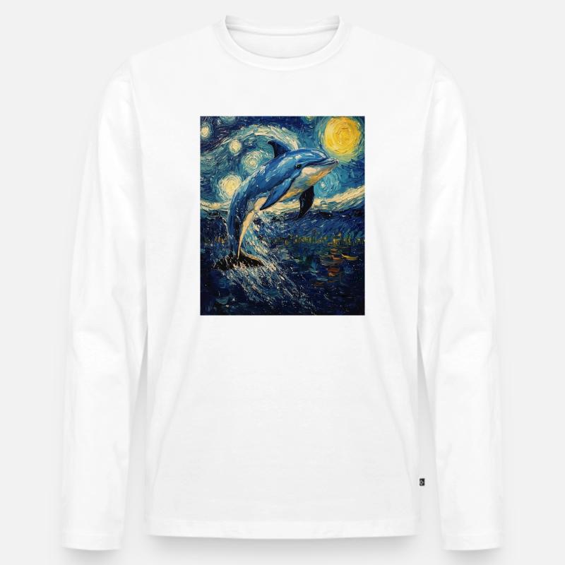 Delfin Van Gogh Style Starry  - Männer Premium Bio Langarmshirt - Weiß
