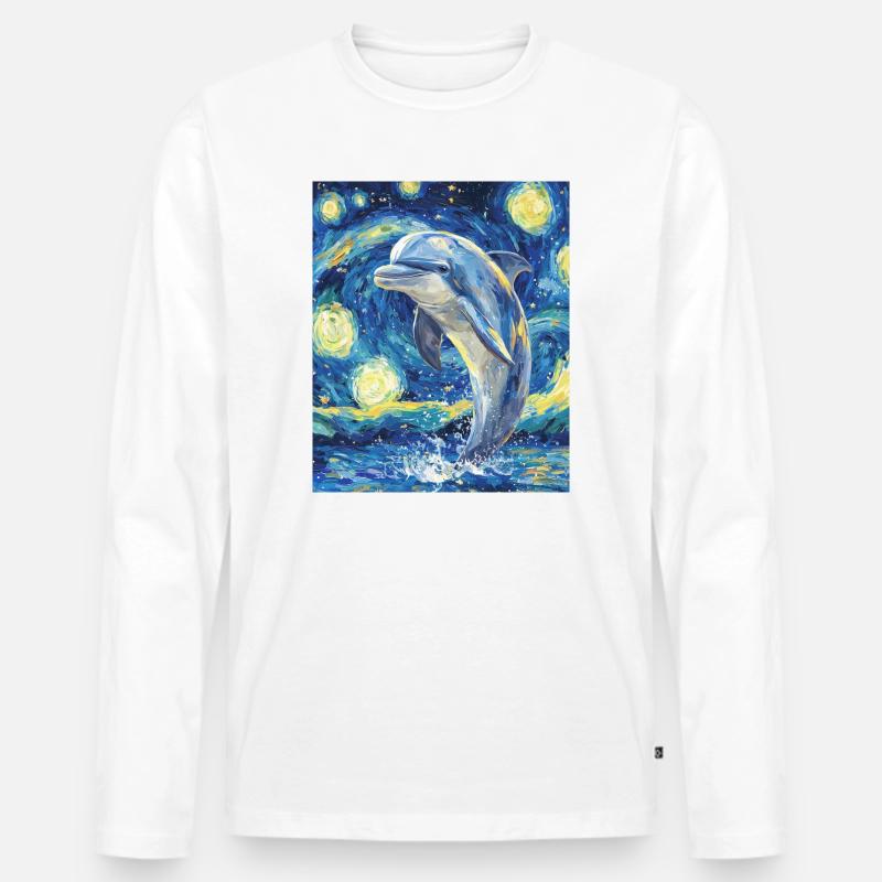 Delfin Van Gogh Style Starry  - Männer Premium Bio Langarmshirt - Weiß