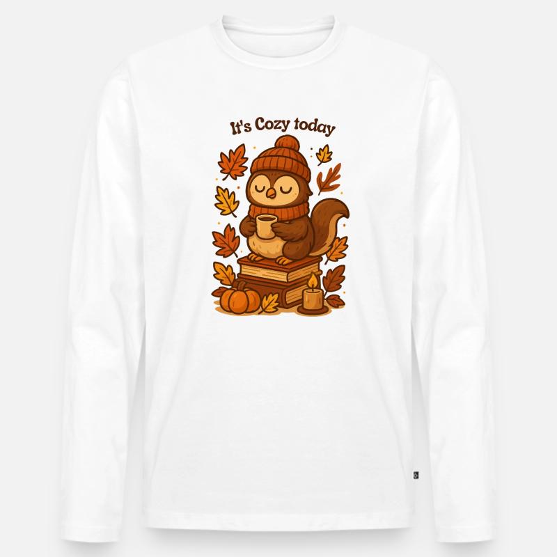Gemütliche Herbst-Eule mit Tee Mütze  - Männer Premium Bio Langarmshirt - Weiß