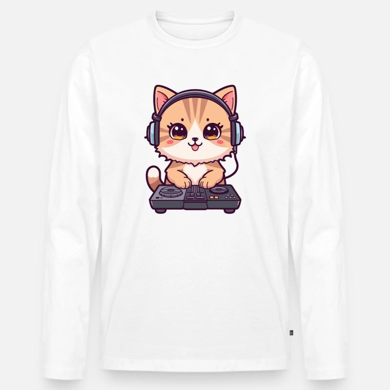 Katze als DJ mit Kopfhörer - Männer Premium Bio Langarmshirt - Weiß