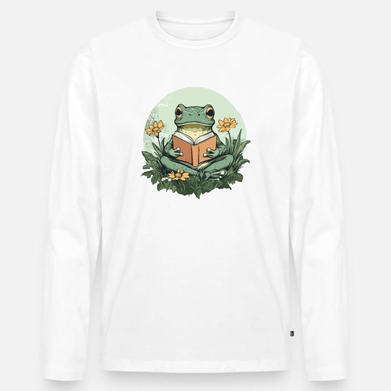 Frosch liest Buch im Blumenmeer - Männer Premium Bio Langarmshirt - Weiß