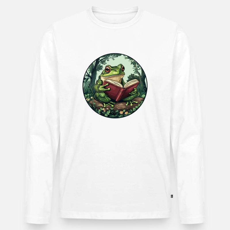 Frosch im Wald liest Buch - Männer Premium Bio Langarmshirt - Weiß