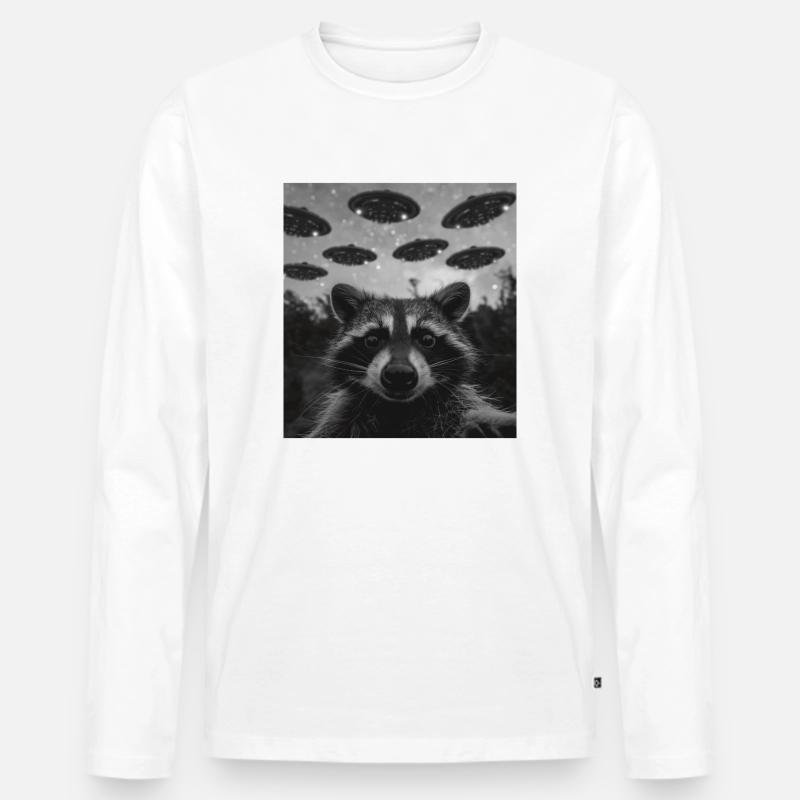 Waschbär Selfie mit Alien UFO - Männer Premium Bio Langarmshirt - Weiß