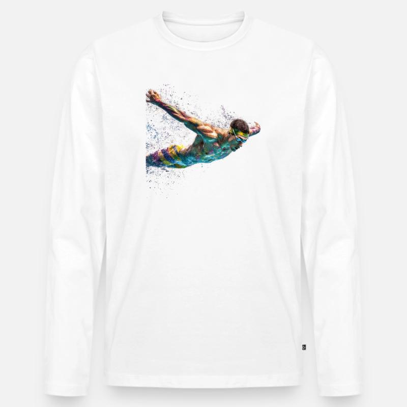 Farbenwirbel Schwimmer Splash - Männer Premium Bio Langarmshirt - Weiß