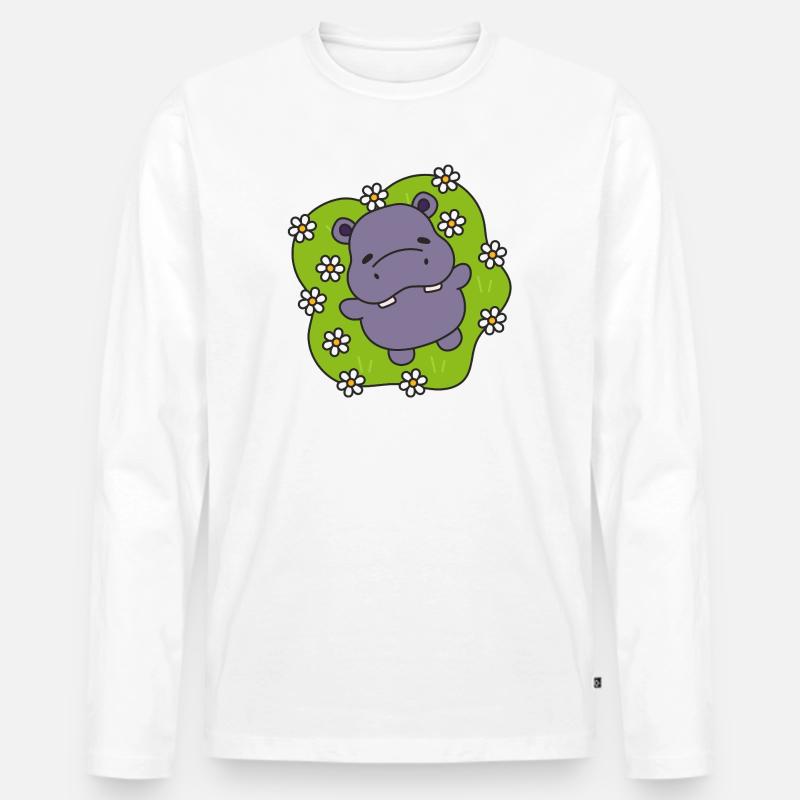 Lila Nilpferd auf blühendem Gras - Männer Premium Bio Langarmshirt - Weiß