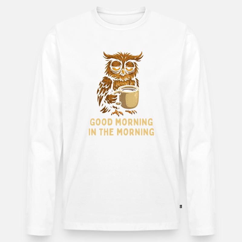 Schlafmütze Eule mit Kaffee - Männer Premium Bio Langarmshirt - Weiß