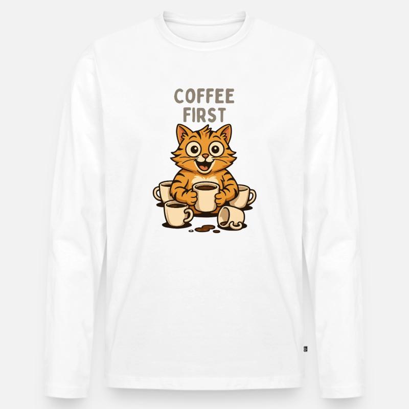 Kaffee First Katzen Kater Spaß Espresso  - Männer Premium Bio Langarmshirt - Weiß