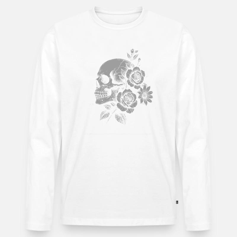 Gothic Blumenschädel mit Rosen - Männer Premium Bio Langarmshirt - Weiß