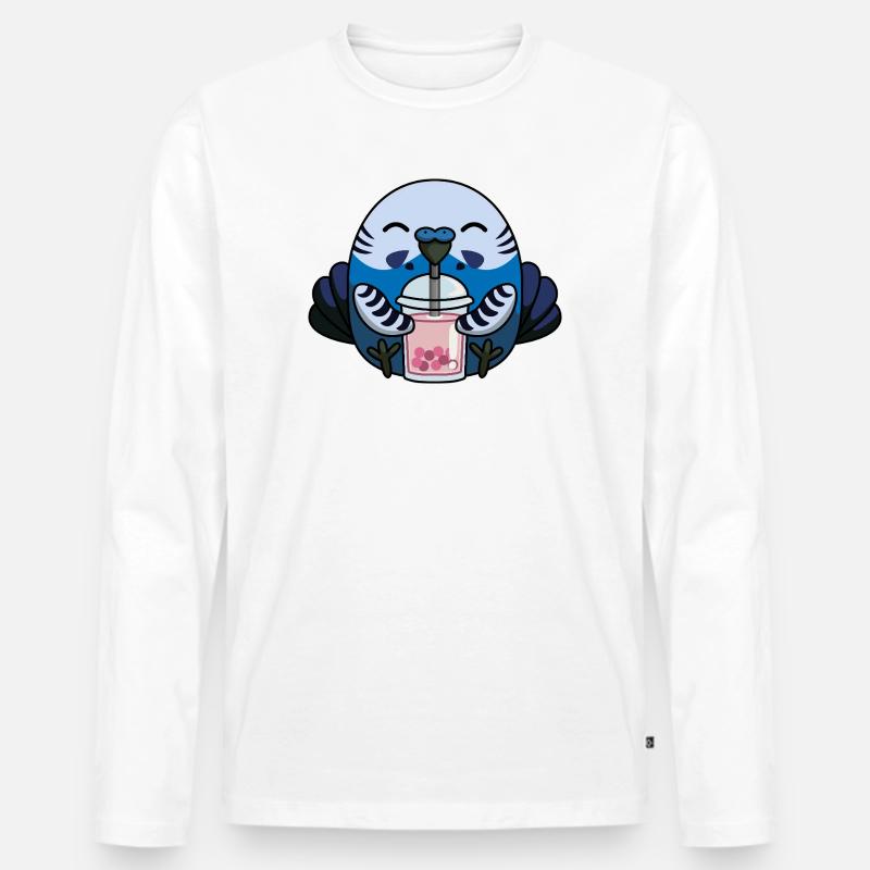 Blauer Wellensittich Vogel mit Bubble Tea - Männer Premium Bio Langarmshirt - Weiß