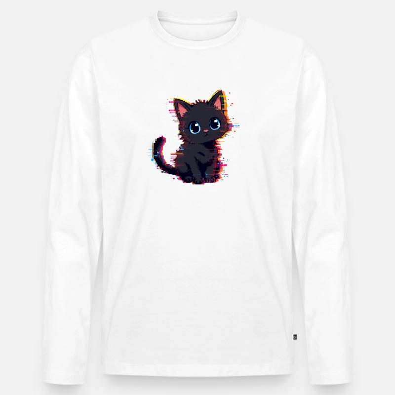 Neon Glitch Schwarze Katze Niedlich - Männer Premium Bio Langarmshirt - Weiß