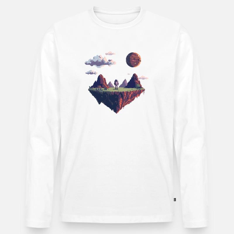 8-Bit Pixel Astronaut auf Schwebender Insel - Männer Premium Bio Langarmshirt - Weiß
