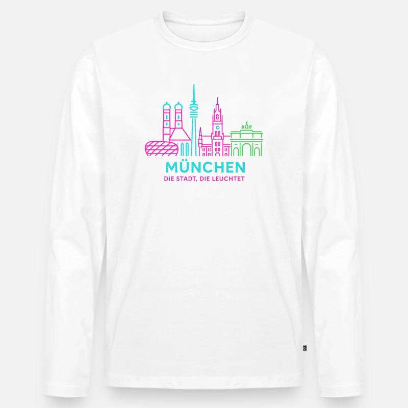 München Neon Skyline - Männer Premium Bio Langarmshirt - Weiß