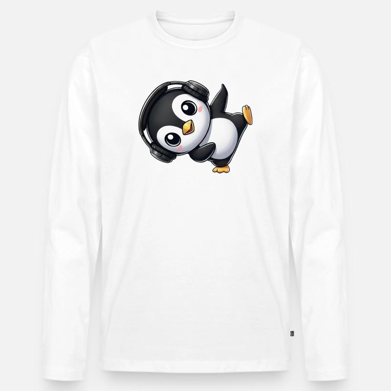 Lustiger Pinguin tanzt Breakdance mit Kopfhörer - Männer Premium Bio Langarmshirt - Weiß