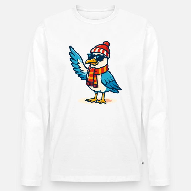 Coole Möwe mit Sonnenbrille & Mütze - Männer Premium Bio Langarmshirt - Weiß