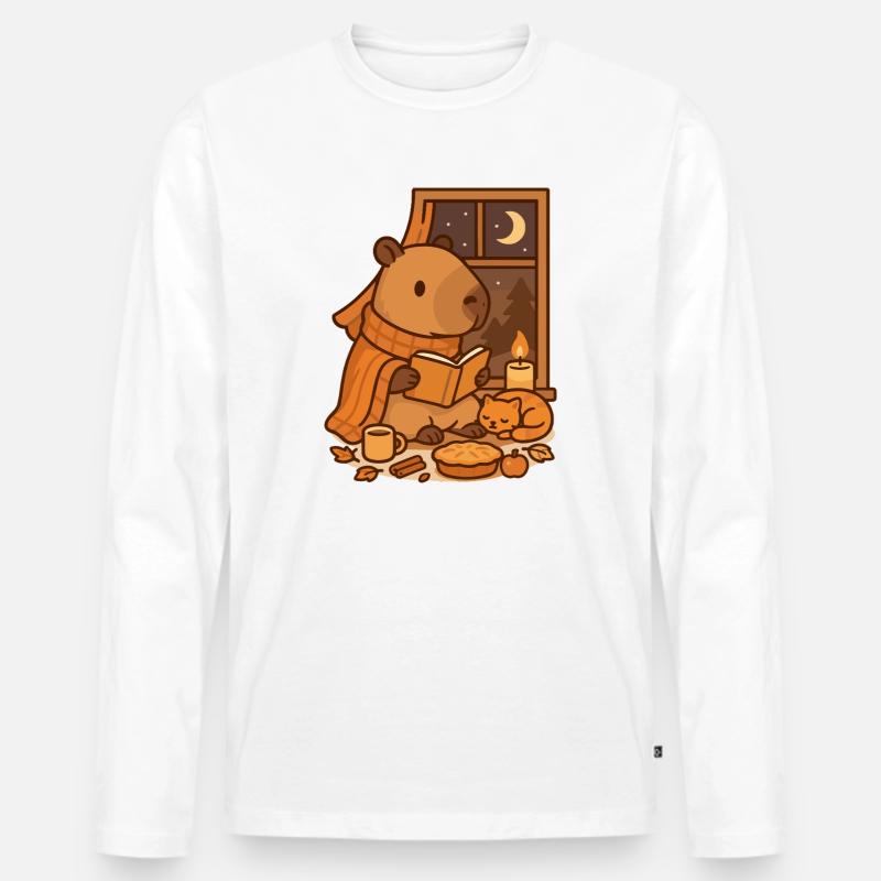 Capybara Reading Nook – Cozy Herbstabend - Männer Premium Bio Langarmshirt - Weiß