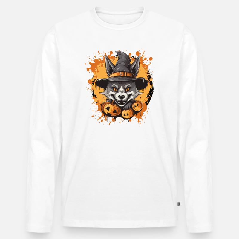 Halloween Wolf mit Hexenhut - Männer Premium Bio Langarmshirt - Weiß