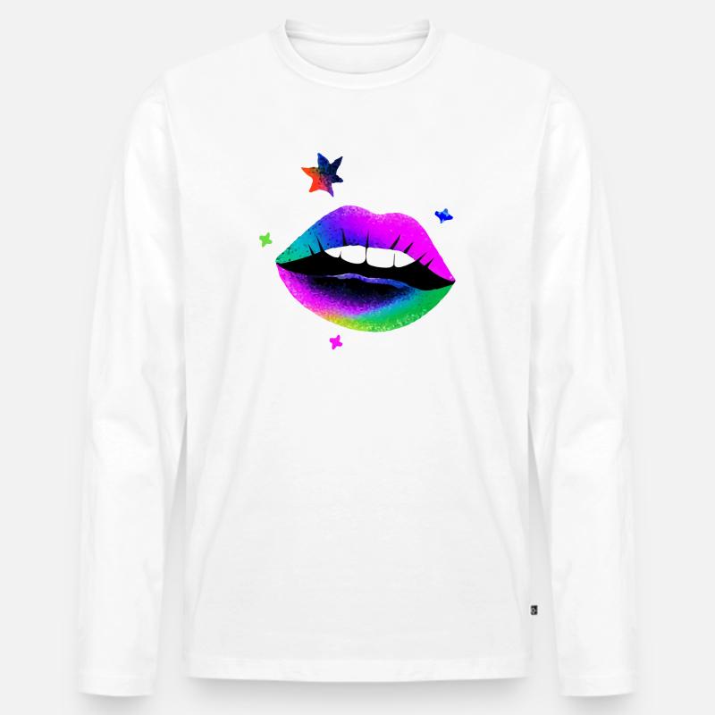 Regenbogen Lippen Pop Art Neon - Männer Premium Bio Langarmshirt - Weiß