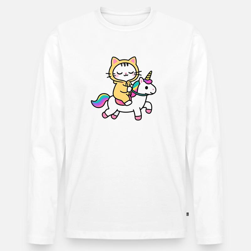 Katze auf einem Regenbogen-Einhorn - Männer Premium Bio Langarmshirt - Weiß
