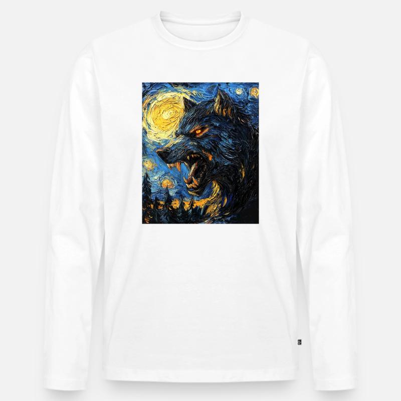 Werwolf Wolf Van Gogh Style - Männer Premium Bio Langarmshirt - Weiß