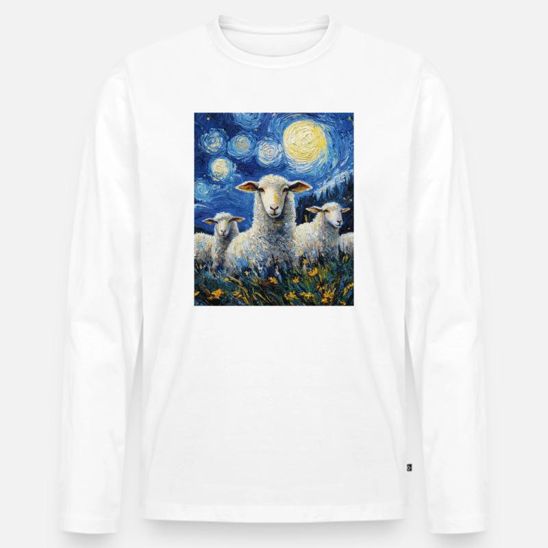 Schaf Van Gogh Style Starry Night - Männer Premium Bio Langarmshirt - Weiß