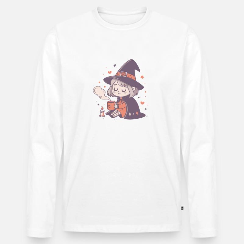 Gemütliche Hexe mit heißem Becher - Männer Premium Bio Langarmshirt - Weiß