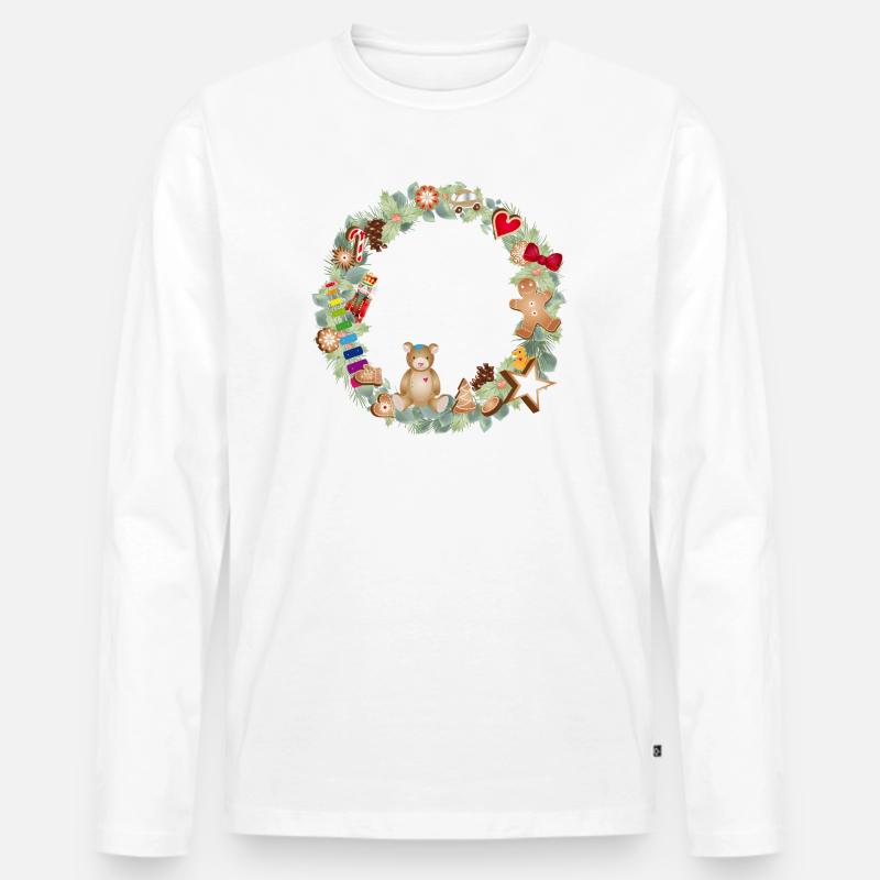 Bunter Weihnachtskranz mit Spielzeug und Lebkuchen - Männer Premium Bio Langarmshirt - Weiß