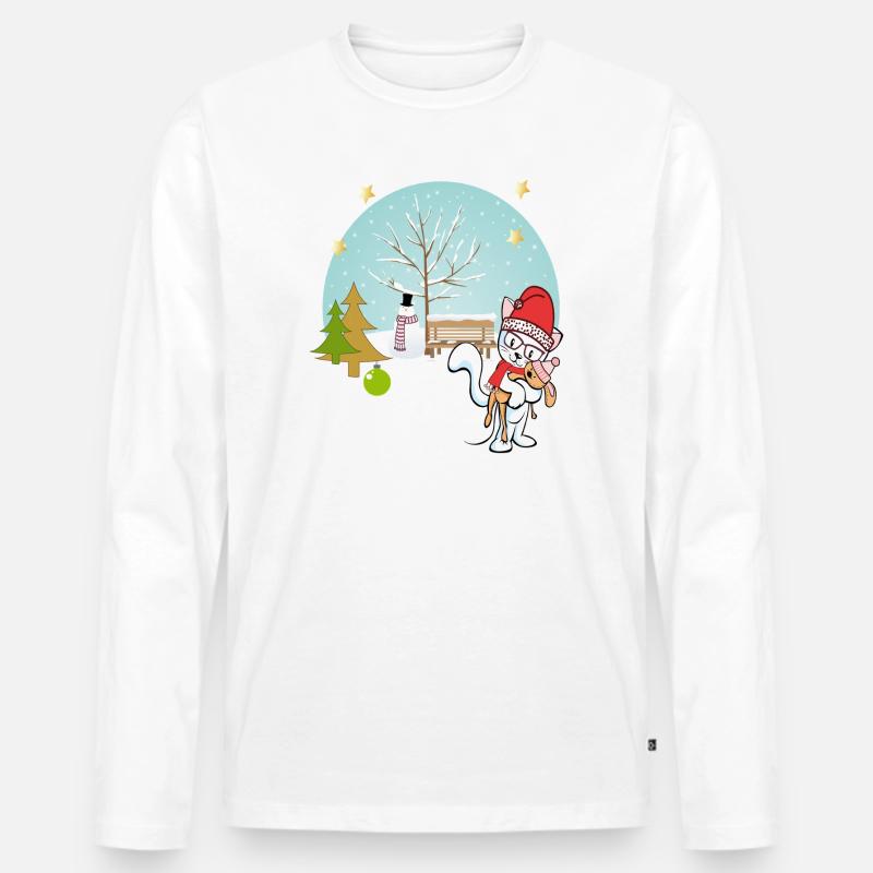  Katze mit Teddy im Winter - Männer Premium Bio Langarmshirt - Weiß