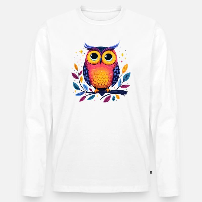 Bunte Eulenillustration auf Ast - Männer Premium Bio Langarmshirt - Weiß